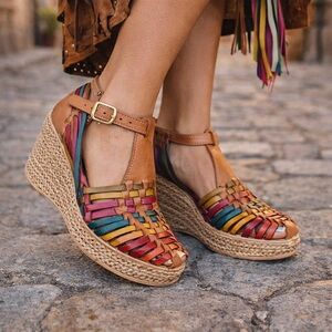Made In Mexico Huaraches Multi Colored Wedge Sandals Sz 25 US (8) Ethnic Boho